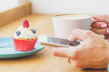 Cupcake with raspberry and blueberry on the plate, cup of cappuccino and woman's hand with a phone