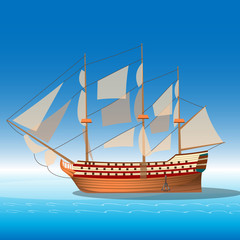 Wooden ship in sea.