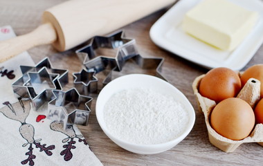 Christmas Cookies Preparation, New Year Concept, Wooden Background, Food , Rolling Pin Metal Star