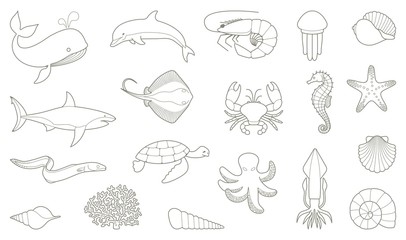 Obraz premium The outlines of fish and other sea creatures
