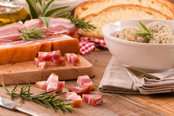Canederli pasta with bacon. 