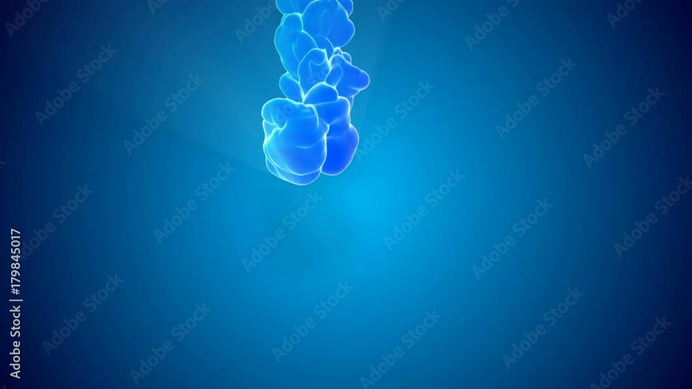 Poster 3d animation of multicolor flow of glowing ink inject in water in slow motion on blue background. co