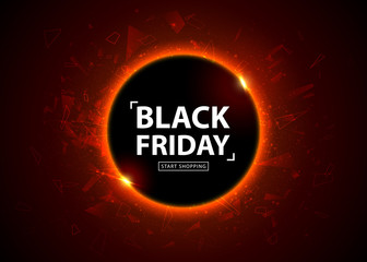 Black Friday sale poster. Seasonal discount banner, place for text. Glowing colorful circle with red light effect on black abstract background. Design template for shopping, closeout, flyer, billboard