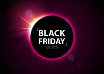 Black Friday sale poster. Seasonal discount banner, place for text. Glowing colorful circle with light flash on black background. Design template for advertising shopping, closeout, flyer, billboard