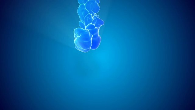 3D animation of multicolor flow of glowing ink inject in water in slow motion on blue background. Cold colors of ink are rainbow gradient with backlit.For ink effects on luma matte as alpha channel.5