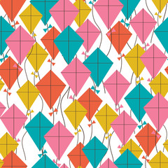Kites seamless pattern. Flying kites background. Retro fabric style. Vector illustration