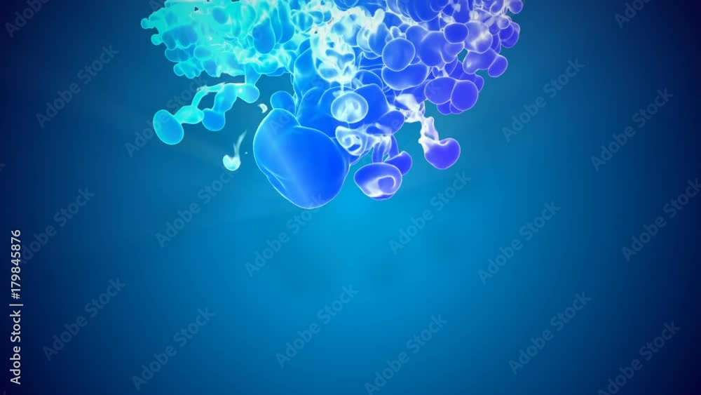 Poster 3d animation of multicolor flow of glowing ink inject in water in slow motion on blue background. co