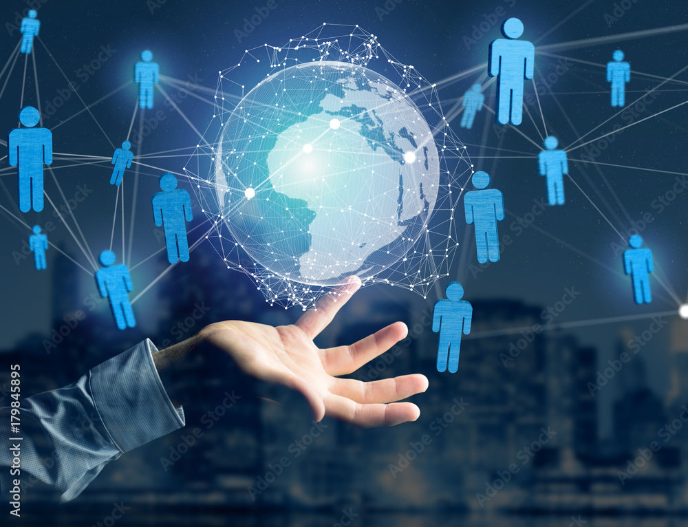 Poster international network displayed on a futuristic interface with globe and connection - technology and