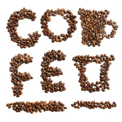 Coffee beans letters and symbols set. Characters and symbols for coffee word and theme shaped from real roasted coffee beans, isolated on white background.