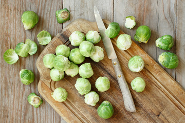Brussels sprouts on a wooden board