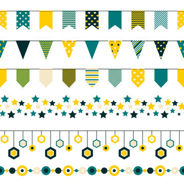 Set of bounting flags, stars and circles decorative elements on white background. Collection for birthday greeting cards and scrapbooking. Vector illustration