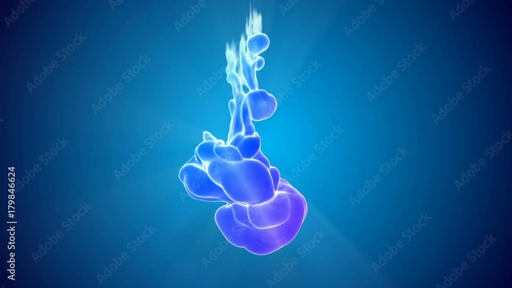 Poster 3d animation of multicolor flow of glowing ink inject in water in slow motion on blue background. co