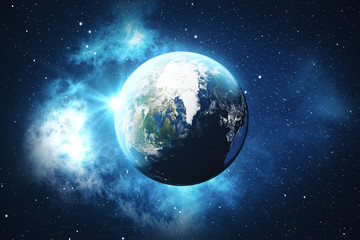 3D Rendering World Globe from Space. Blue Sunrise View From Space. Showing Night Sky With Stars and Nebula. Elements of this image furnished by NASA.