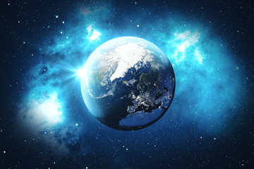 Obraz na płótnie Canvas 3D Rendering World Globe from Space. Blue Sunrise View From Space. Showing Night Sky With Stars and Nebula. Elements of this image furnished by NASA.