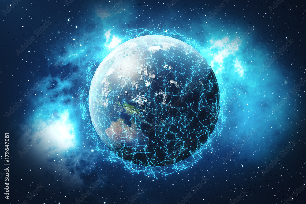 Poster 3d rendering network and data exchange over planet earth in space. connection lines around earth glo