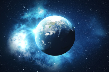 Fototapeta na wymiar 3D Rendering World Globe from Space in a Star Field Showing Night Sky With Stars and Nebula. View of Earth From Space. Elements of this image furnished by NASA