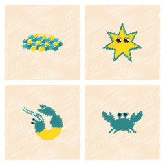 Sea life and underwater seabed animals collection in Hatching style
