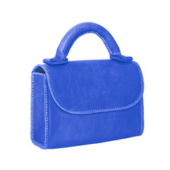 Blue female leather bag isolated on white background.