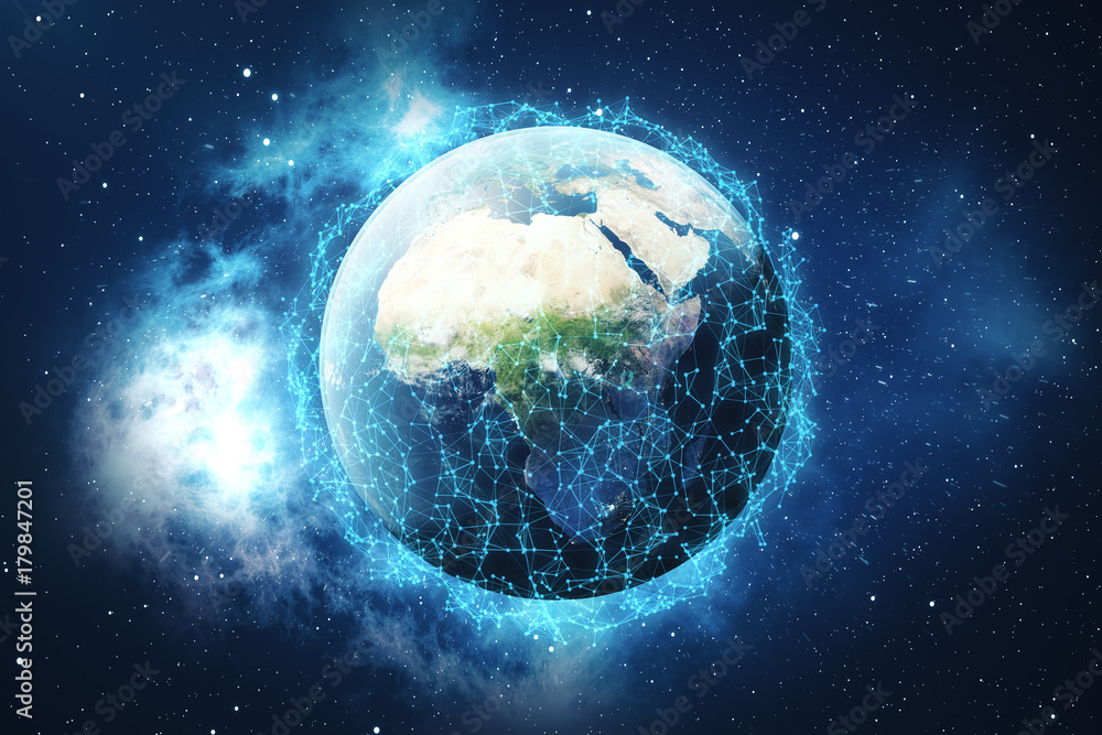 Poster 3d rendering network and data exchange over planet earth in space. connection lines around earth glo