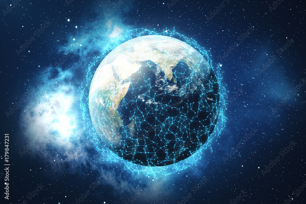 Poster 3d rendering network and data exchange over planet earth in space. connection lines around earth glo