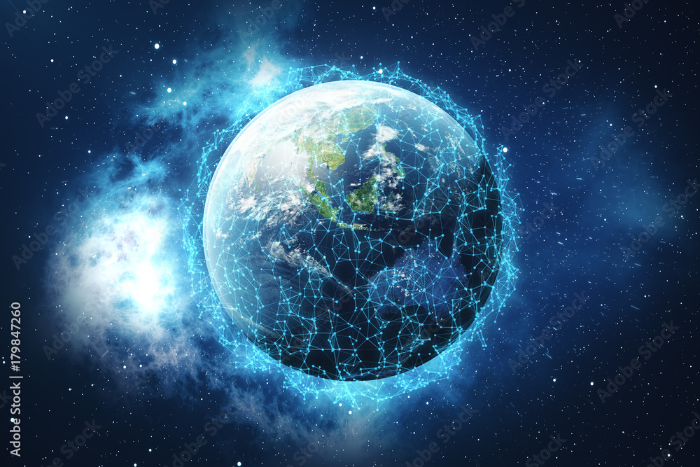 Poster 3d rendering global network and data exchange. connection lines around earth globe. global internati