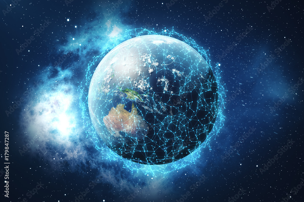 Poster 3d rendering global network and data exchange. connection lines around earth globe. global internati