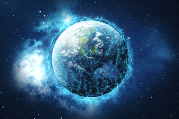 3D Rendering Global Network and Data Exchange. Connection lines Around Earth Globe. Global International Connectivity. Elements of this image furnished by NASA.