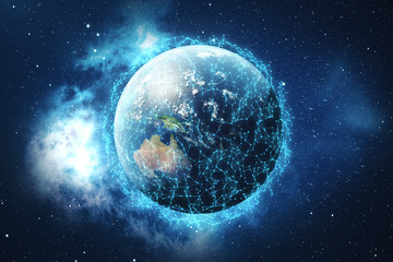 Fototapeta na wymiar 3D Rendering Global Network and Data Exchange. Connection lines Around Earth Globe. Global International Connectivity. Elements of this image furnished by NASA.