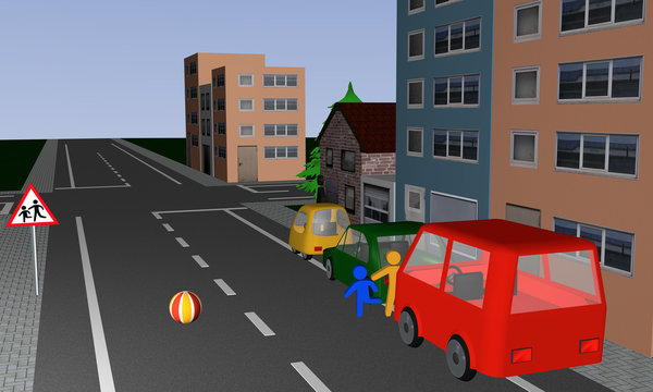 Verkehrssituation: Kinder rennen, hinter einem Ball hinterher, auf die Straße. Mit deutschem Verkehrsschild: Vorsicht, spielende Kinder.