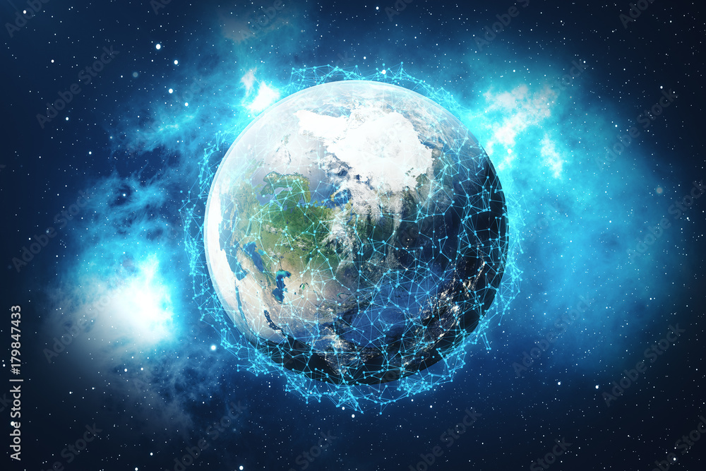 Poster 3d rendering global network background. connection lines with dots around earth globe. global intern
