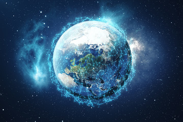 3D Rendering Global Network Background. Connection Lines with Dots Around Earth Globe. Global International Connectivity. Earth from Space With Stars and Nebula. Elements of this image furnished by