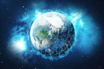 Obraz na płótnie Canvas 3D Rendering Global Network Background. Connection Lines with Dots Around Earth Globe. Global International Connectivity. Earth from Space With Stars and Nebula. Elements of this image furnished by