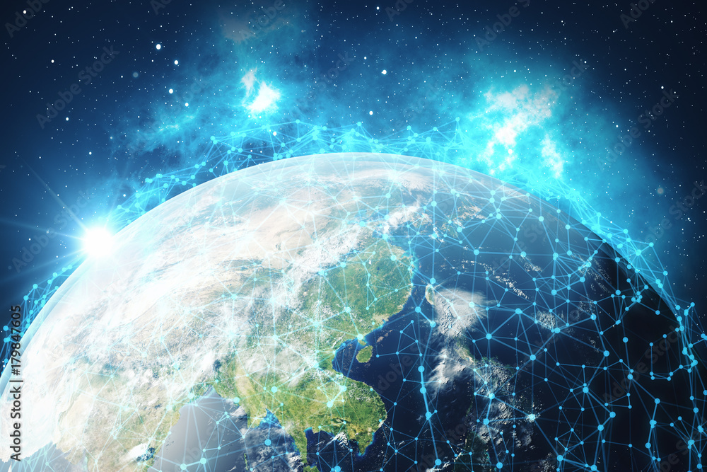 Poster 3d rendering network and data exchange over planet earth in space. connection lines around earth glo