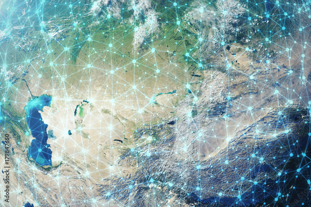 Poster 3d rendering network and data exchange over planet earth in space. connection lines around earth glo