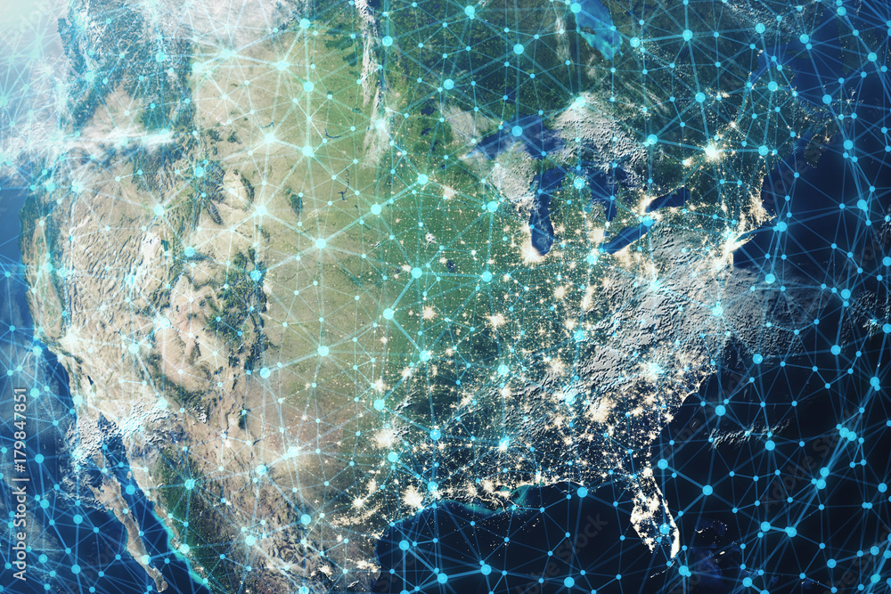 Poster 3d rendering global network and data exchange. connection lines around earth globe. global internati