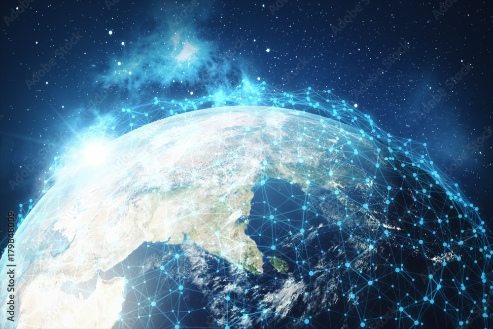Poster 3d rendering global network background. connection lines with dots around earth globe. global intern