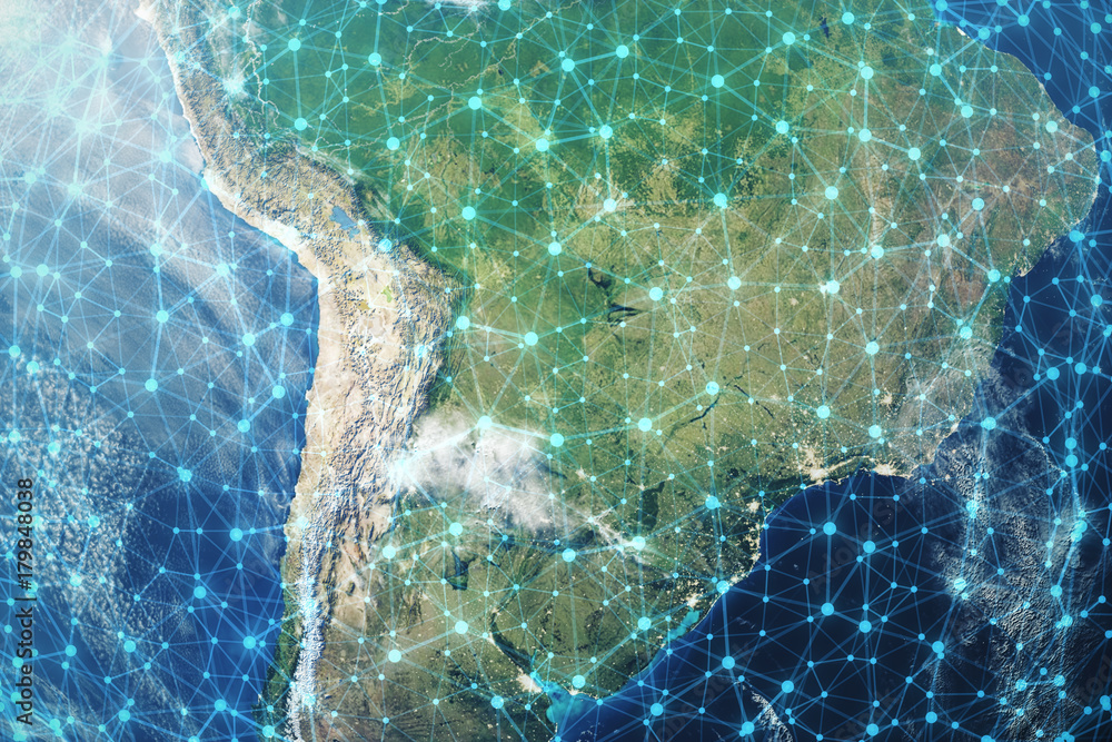 Poster 3d rendering global network background. connection lines with dots around earth globe. global intern