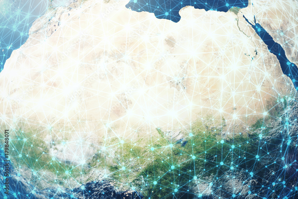 Poster 3d rendering global network background. connection lines with dots around earth globe. global intern