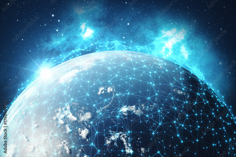 Poster 3d rendering global network background. connection lines with dots around earth globe. global intern