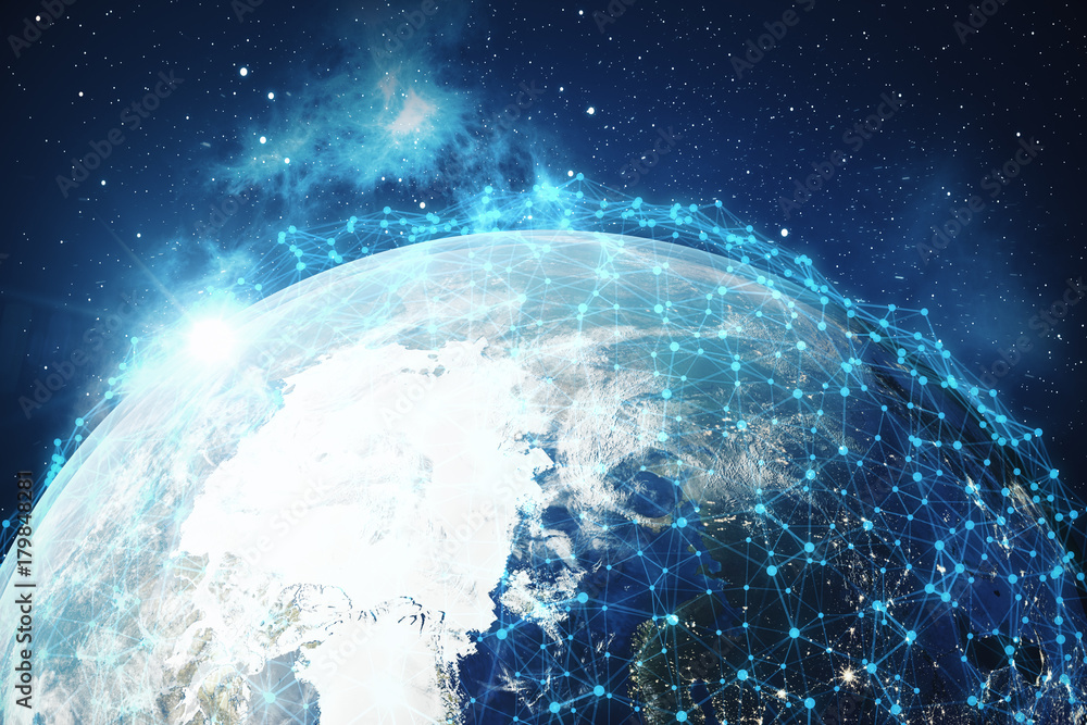 Poster 3d rendering network and data exchange over planet earth in space. connection lines around earth glo