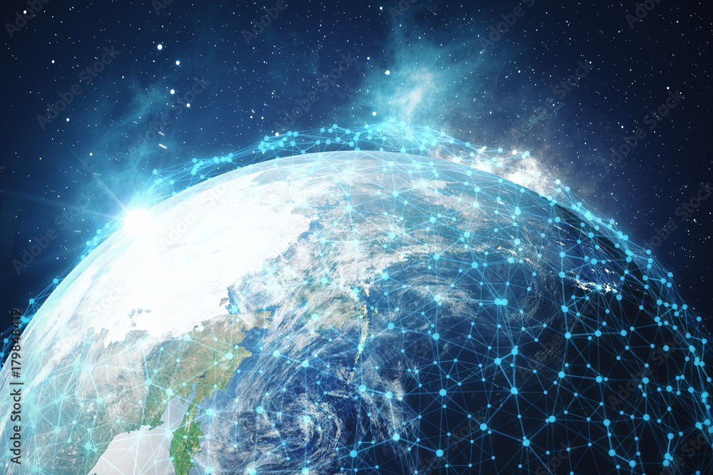 Poster 3d rendering global network and data exchange. connection lines around earth globe. global internati
