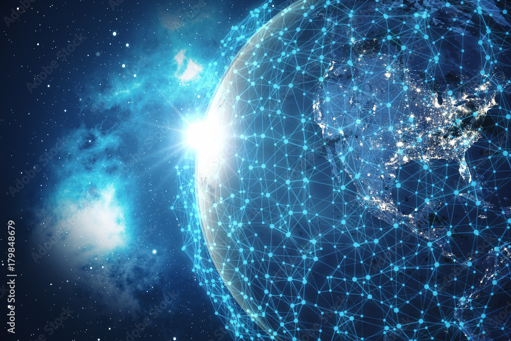 Poster 3d rendering global network background. connection lines with dots around earth globe. global intern