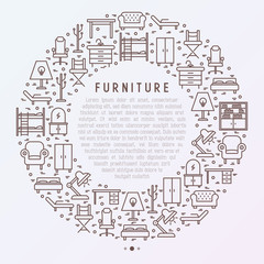 Furniture concept in circle with thin line icons of coach, bookcase, bed,  dresser, chair, lamp, floor hanger. Modern vector illustration for banner, web page, print media.