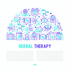 Herbal therapy concept in half circle with thin line icons: herbalist, decoction, aromatic oil, oil burner, tea. Vector illustration for banner, web page, print media.