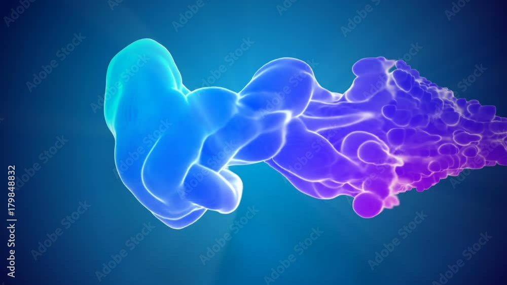 Poster 3d animation of multicolor flow of glowing ink inject in water in slow motion on blue background. co