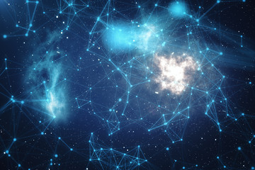 Naklejka na ściany i meble 3D Rendering Technological Connection Futuristic Shape, Blue Dot Network, Abstract Background, Blue Background With Stars and Nebula, Concept of Network.