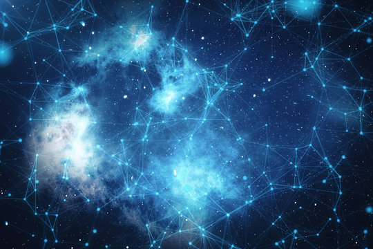 3D Rendering Technological Connection Futuristic Shape, Blue Dot Network, Abstract Background, Blue Background With Stars and Nebula, Concept of Network.