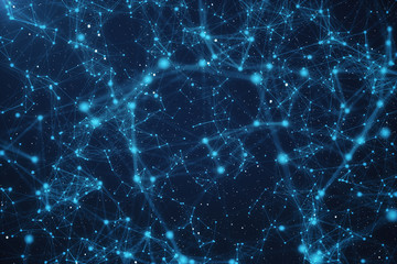 3D Rendering Technological Connection Futuristic Shape, Blue Dot Network, Abstract Background, Blue Background With Stars and Nebula, Concept of Network.