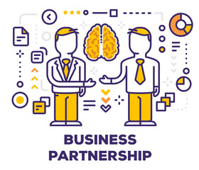 Vector illustration of business men in suits stretch out their hands to each other to shake. Business partnership concept on light background with title and icons.