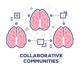 Vector illustration of three connection pink human brains with icons. Collaborative community concept with text on white background.